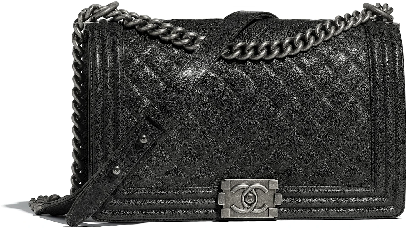 Chanel Boy Handbag Quilted Ruthenium-tone Large Charcoal in Grained ...