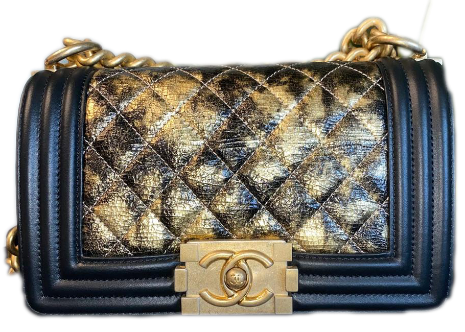 CHANEL-Chanel Boy Grained Calfskin Medium 25cm Handbag Black Gold ...