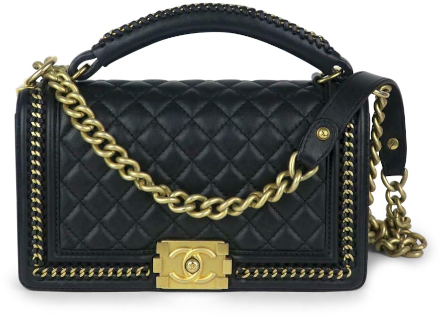 Chanel Boy Top Handle Quilted Calfskin Gold-tone Chain Medium Black in  Calfskin with Antique Gold-tone - US