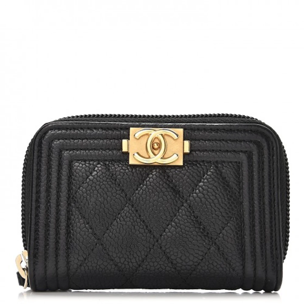 Chanel Boy Zip Around Coin Purse Wallet Quilted Caviar Gold-Tone