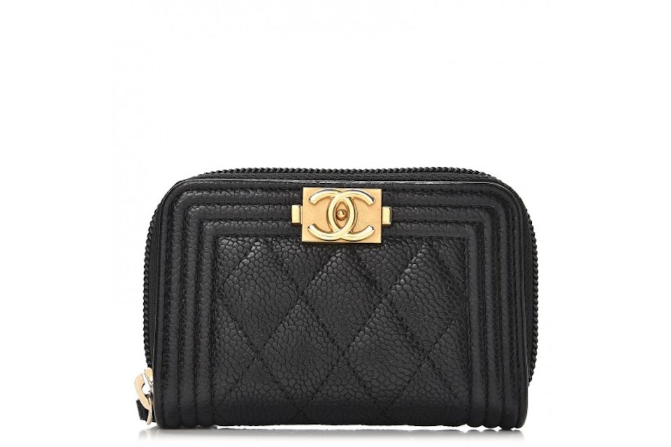 Chanel Le Boy Double Zip Wallet On Chain Caviar Black Aged Gold