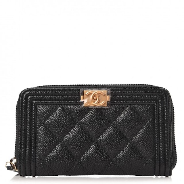 Chanel Boy Zip Around Wallet Quilted Caviar Matte Gold-tone Small Black in  Caviar with Matte Gold-Tone - US