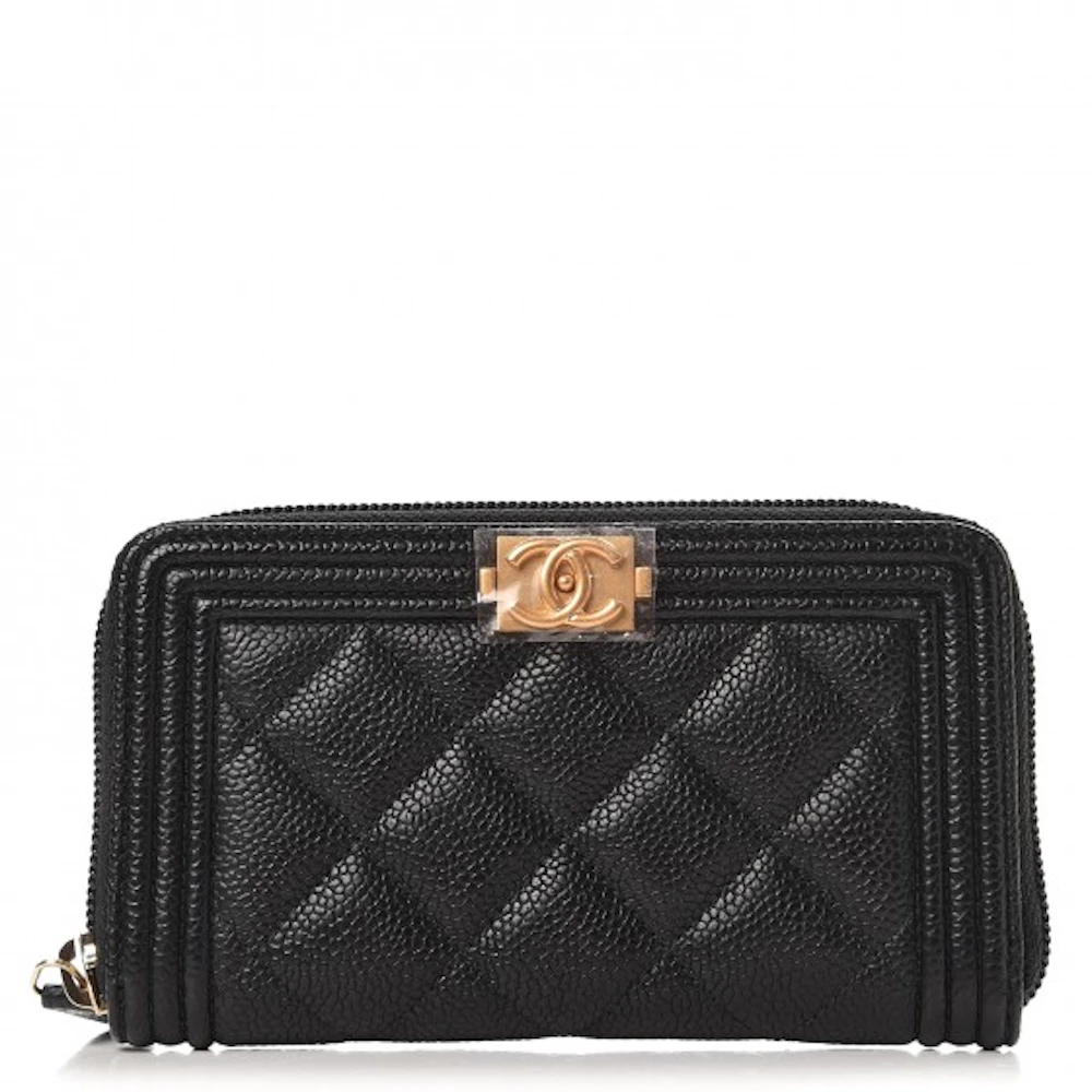 Chanel Boy Zip Around Wallet Quilted Caviar Matte Gold-tone Small Black ...