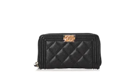 Chanel Boy Zip Around Wallet Quilted Caviar Matte Gold-tone Small Black