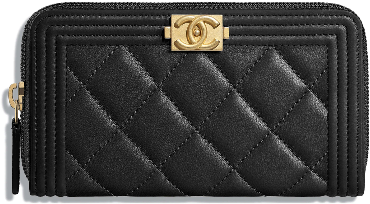 Chanel Boy Zipped Wallet Quilted Lambskin Gold-tone Black in