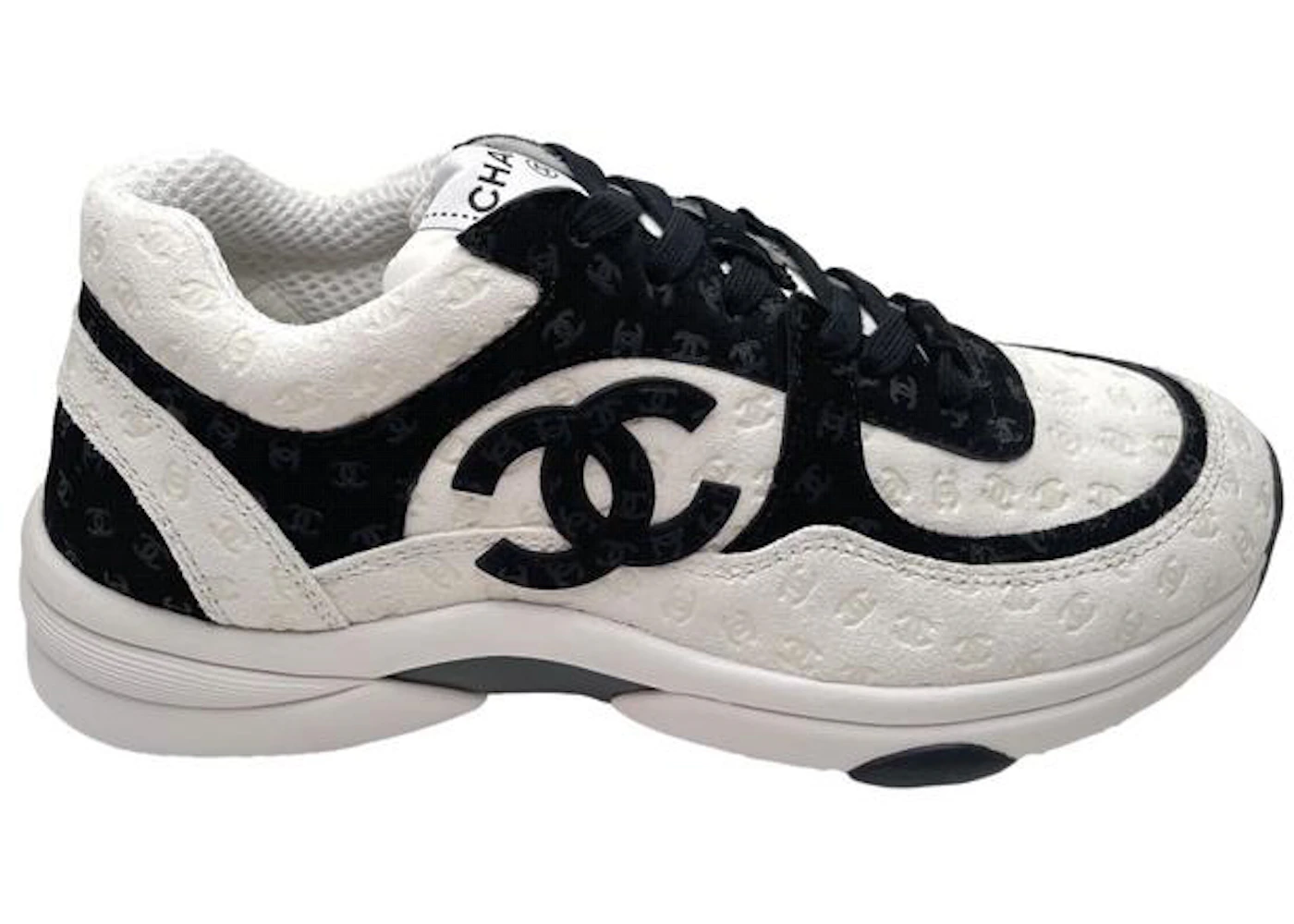 Chanel CC Embossed Logo White Black Suede