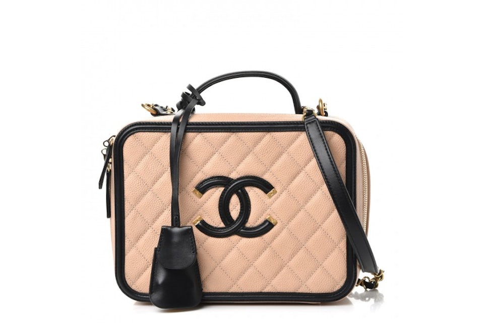 Chanel CC Filigree Vanity Case Quilted Diamond Large Beige/Black in Caviar  with Gold-tone - US