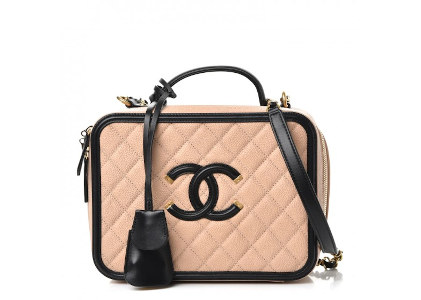 Chanel CC Filigree Vanity Case Quilted Diamond Large Beige/Black in Caviar  with Gold-tone - US