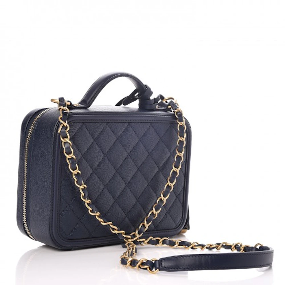 Chanel CC Filigree Vanity Case Quilted Medium Navy Blue in Caviar with ...