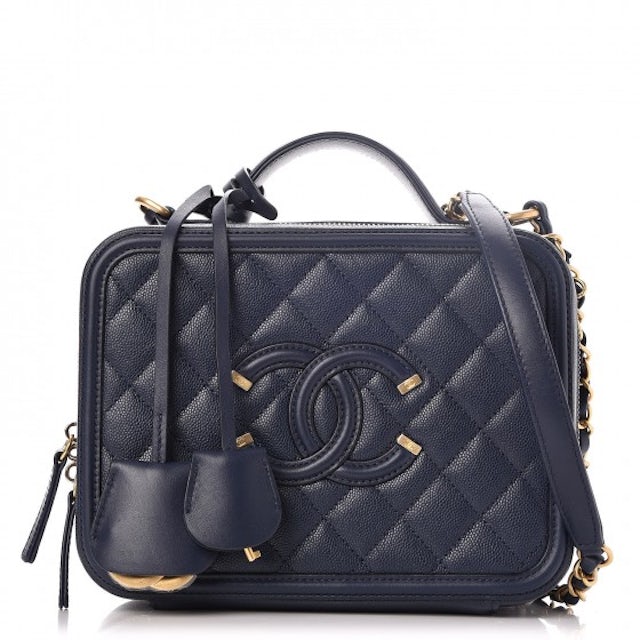 Chanel White & Black Quilted Caviar Leather Cc Filigree Small Vanity Case