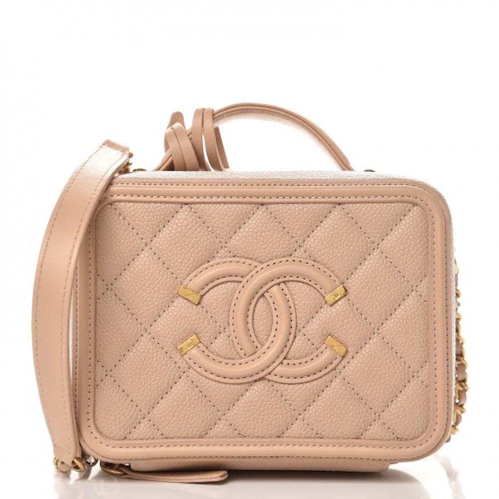 Chanel CC Filigree Vanity Case Quilted Caviar Gold-tone Small Beige in  Caviar with Gold-tone - US