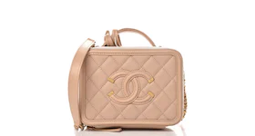Chanel CC Filigree Vanity Case Quilted Caviar Gold-tone Small Beige