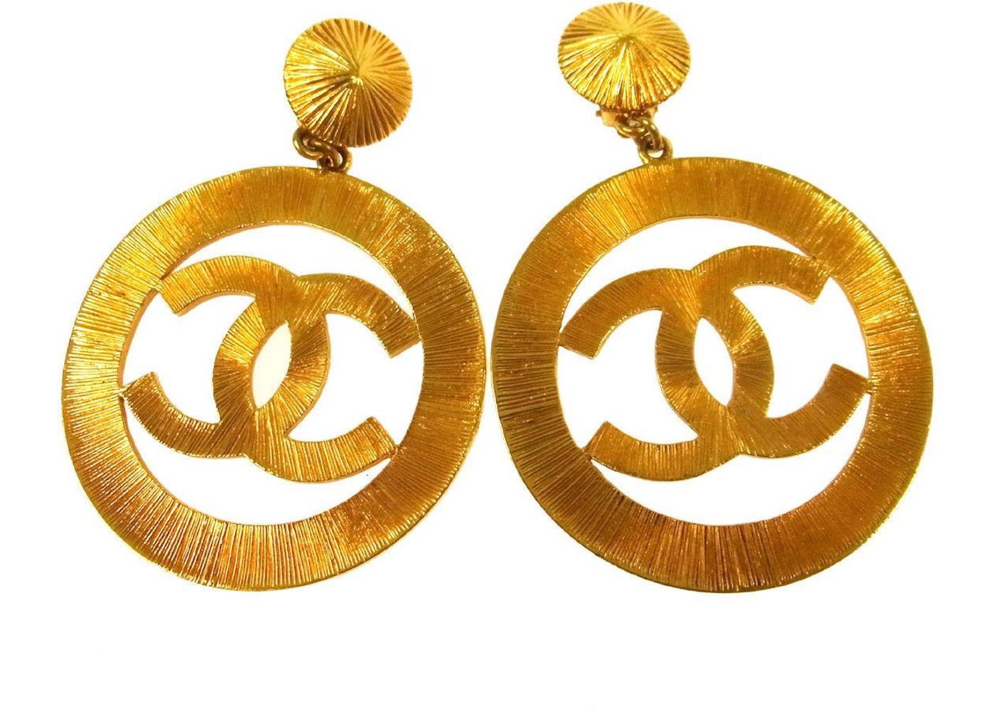 Chanel CC Hoop Clip On Earrings Textured Large Gold in Metal with Gold-tone