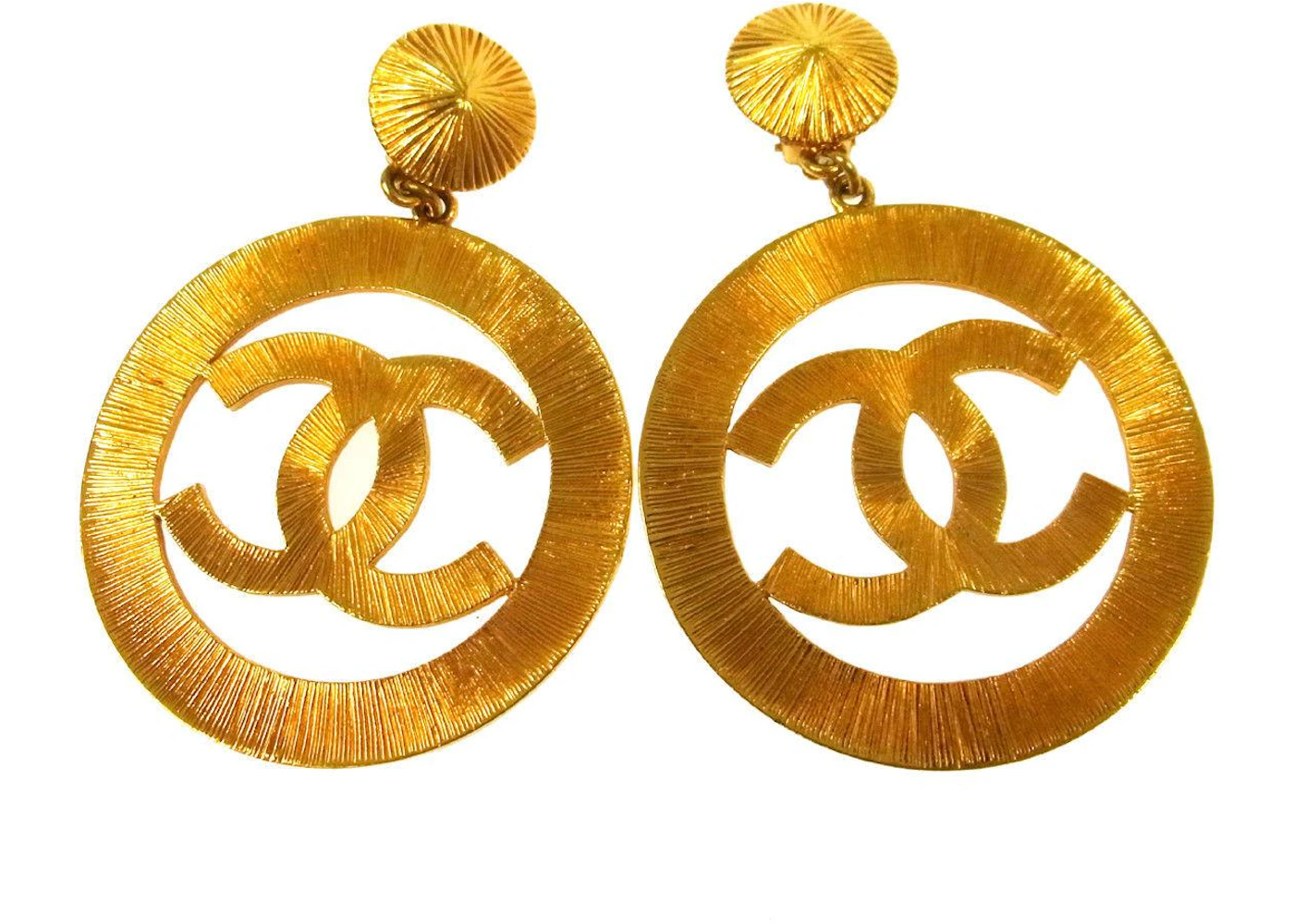 Chanel CC Hoop Clip On Earrings Textured Large Gold in Metal with