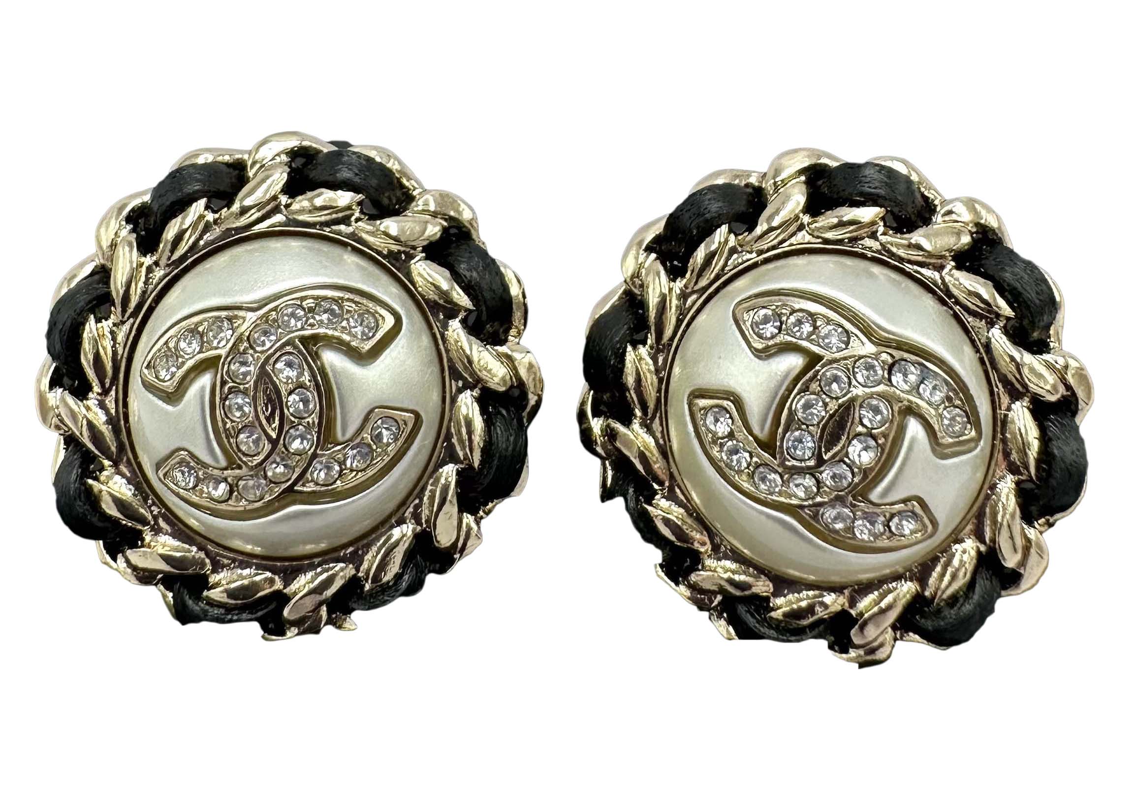 Chanel CC Faux Pearl Crystal Gold Tone Stud Earrings Chanel  TLC
