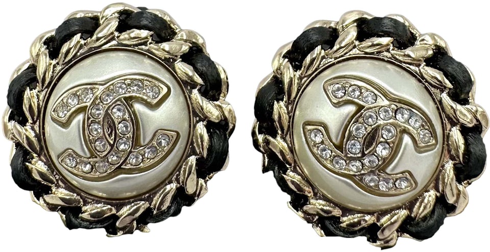 Chanel CC Logo Crystal Pearl Chain Stud Earrings AB4703 Gold/Pearly White/ Black/Crystal in Metal - DE