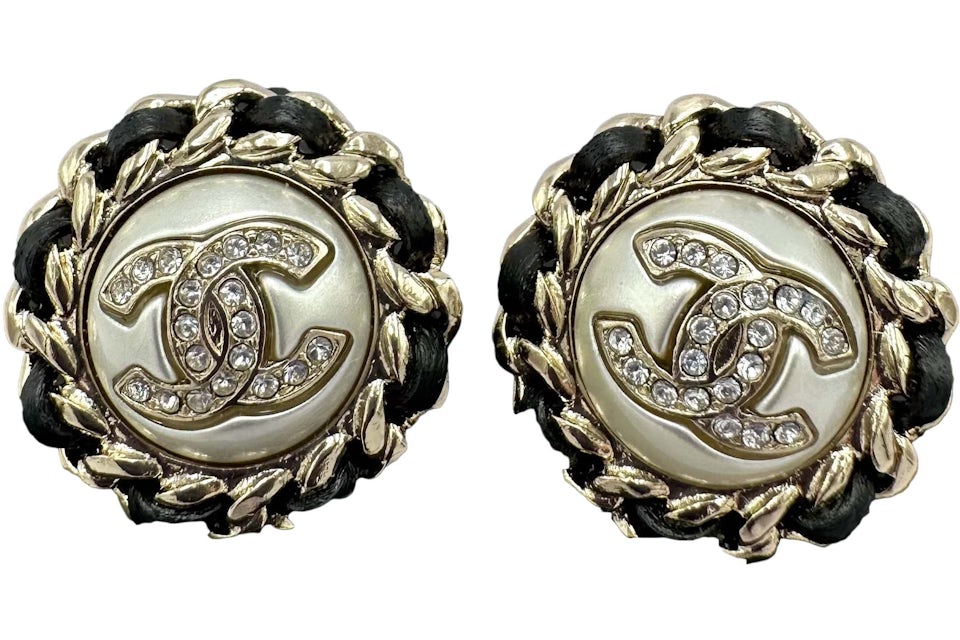 Chanel CC Logo Crystal Pearl Chain Stud Earrings AB4703 Gold