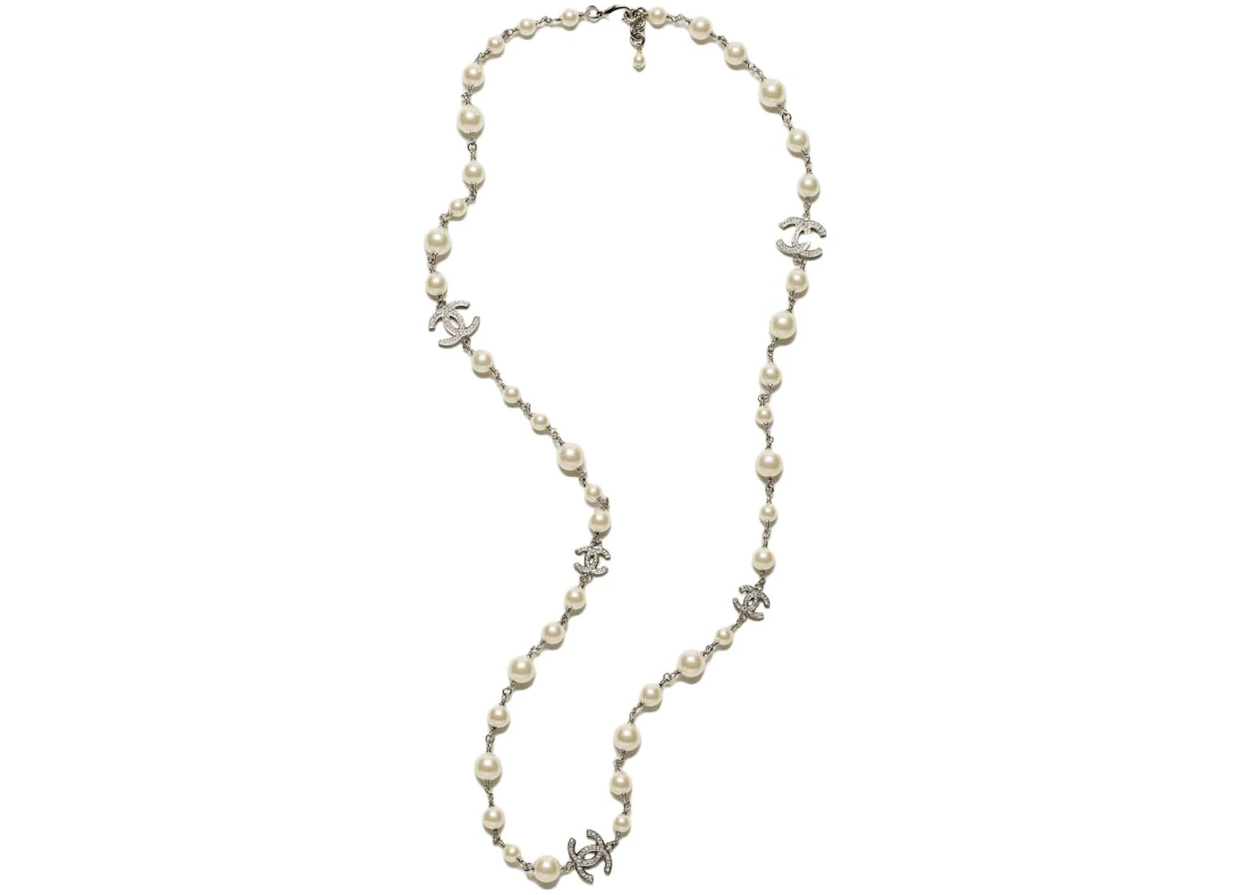 Chanel CC Logo Long Necklace Rhinestone Necklace Silver/Pearl