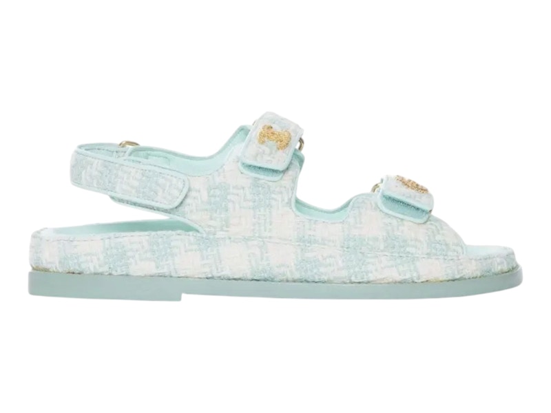 Pre-owned Chanel Women's  Cc Tweed Sandals Sneakers In Light Blue/ecru