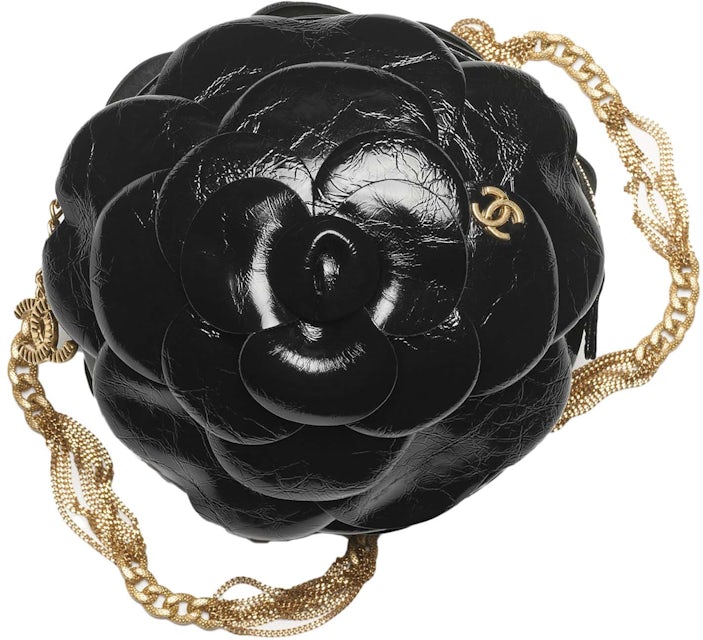 Chanel Black Leather and Gold Metal Camellia Round Clutch with Chain Bag
