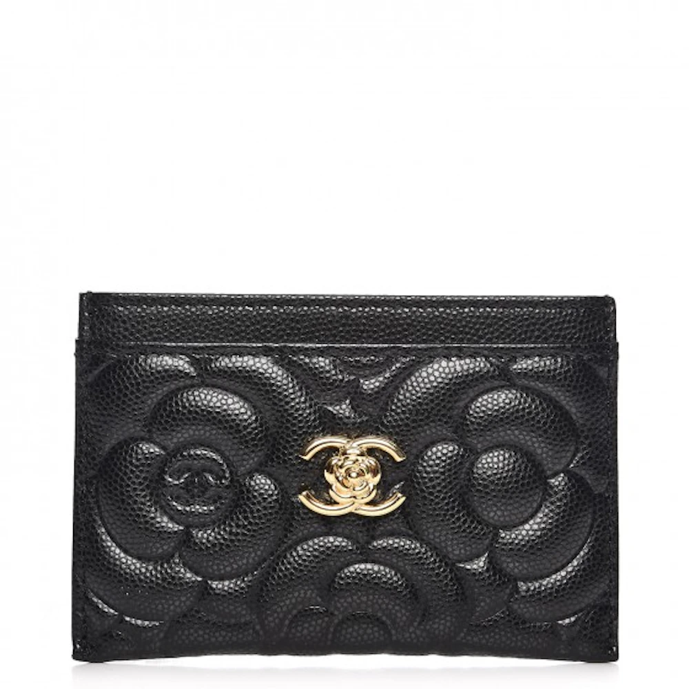 Chanel Card Holder Camellia Embossed Black in Caviar with Gold-Tone - CN