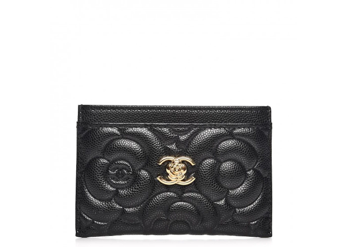 Chanel Card Holder Camellia Embossed Black in Caviar with Gold-Tone - CN