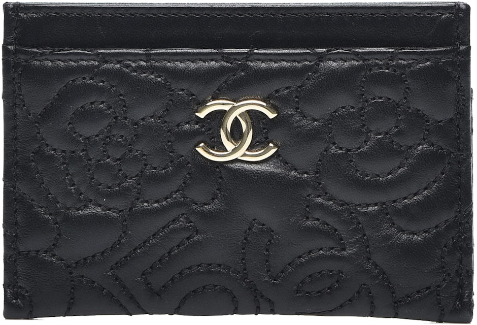 Chanel Card Holder Camellia Embossed Lambskin Black in Lambskin