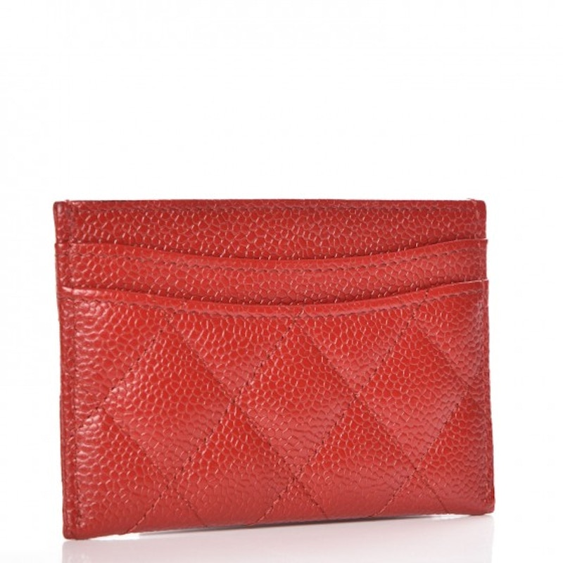 Chanel Card Holder Quilted Diamond Red in Caviar with Silvertone US