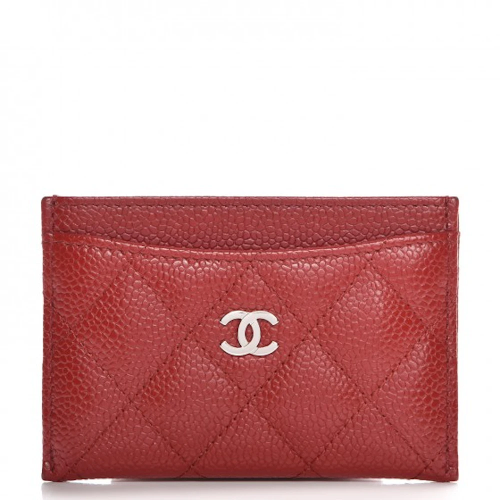 Chanel Card Holder Diamond Red in Caviar Silver-tone -