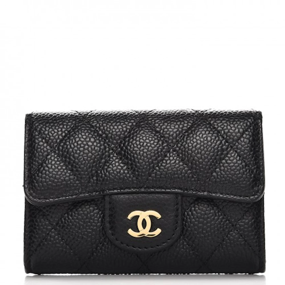 CHANEL Caviar Metal Quilted Striated Zip Card Holder Wallet Black