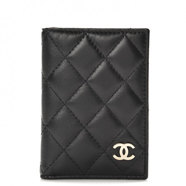 Authentic Chanel Black Lambskin Quilted Leather Passport Cover Holder