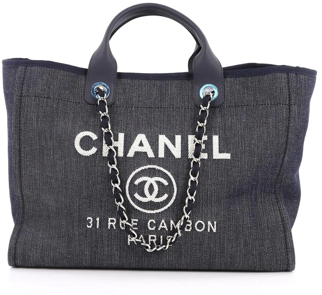 Chanel Deauville Chain Tote Large Dark Blue in Canvas with Silver