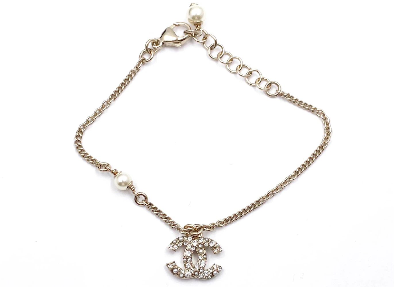 Chanel Vintage Gold CC Black Clover Camellia Pearl Crystal Charm Bracelet -  LAR Vintage