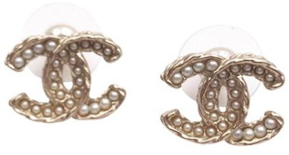 AUTHENTIC CHANEL Classic Strass Crystal CC Logo Stud Earrings Silver