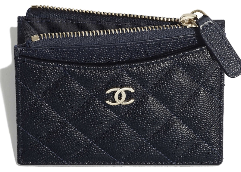 Chanel Classic Card Holder Quilted Grained Calfskin Goldtone Navy Blue