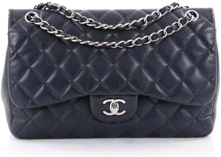 Chanel Double Classic Flap Quilted Caviar Silver-tone Jumbo Navy Blue ...