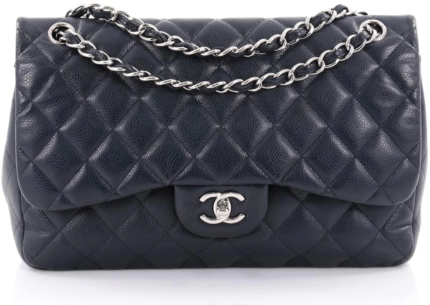 Vintage: Chanel Classic Navy Caviar Leather Jumbo Double Flap with Sil –  The Hangout