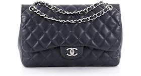 Chanel Double Classic Flap Quilted Caviar Silver-tone Jumbo Navy Blue