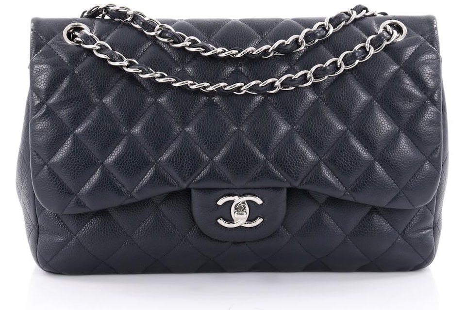 Chanel Double Classic Flap Quilted Caviar Silver-tone Jumbo Navy Blue in  Caviar with Silver-tone - US