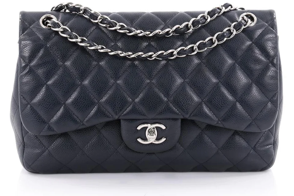 Chanel Double Classic Flap Quilted Caviar Silver-tone Jumbo Navy Blue ...