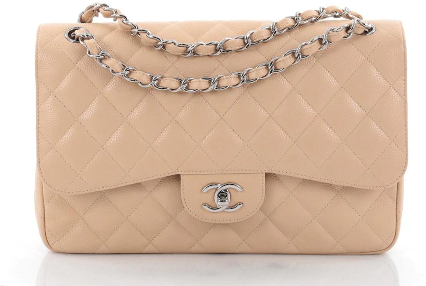Chanel Beige Quilted Caviar New Classic Double Flap Jumbo