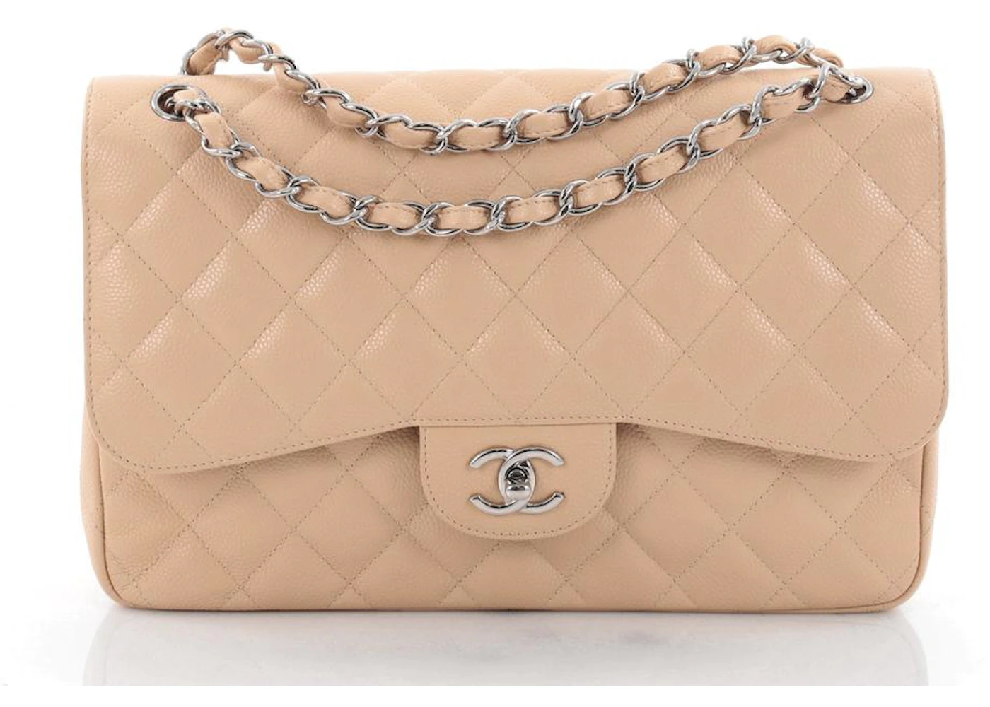 Chanel Double Classic Flap Quilted Diamond Medium Light Beige in Caviar  with Silver-tone - US