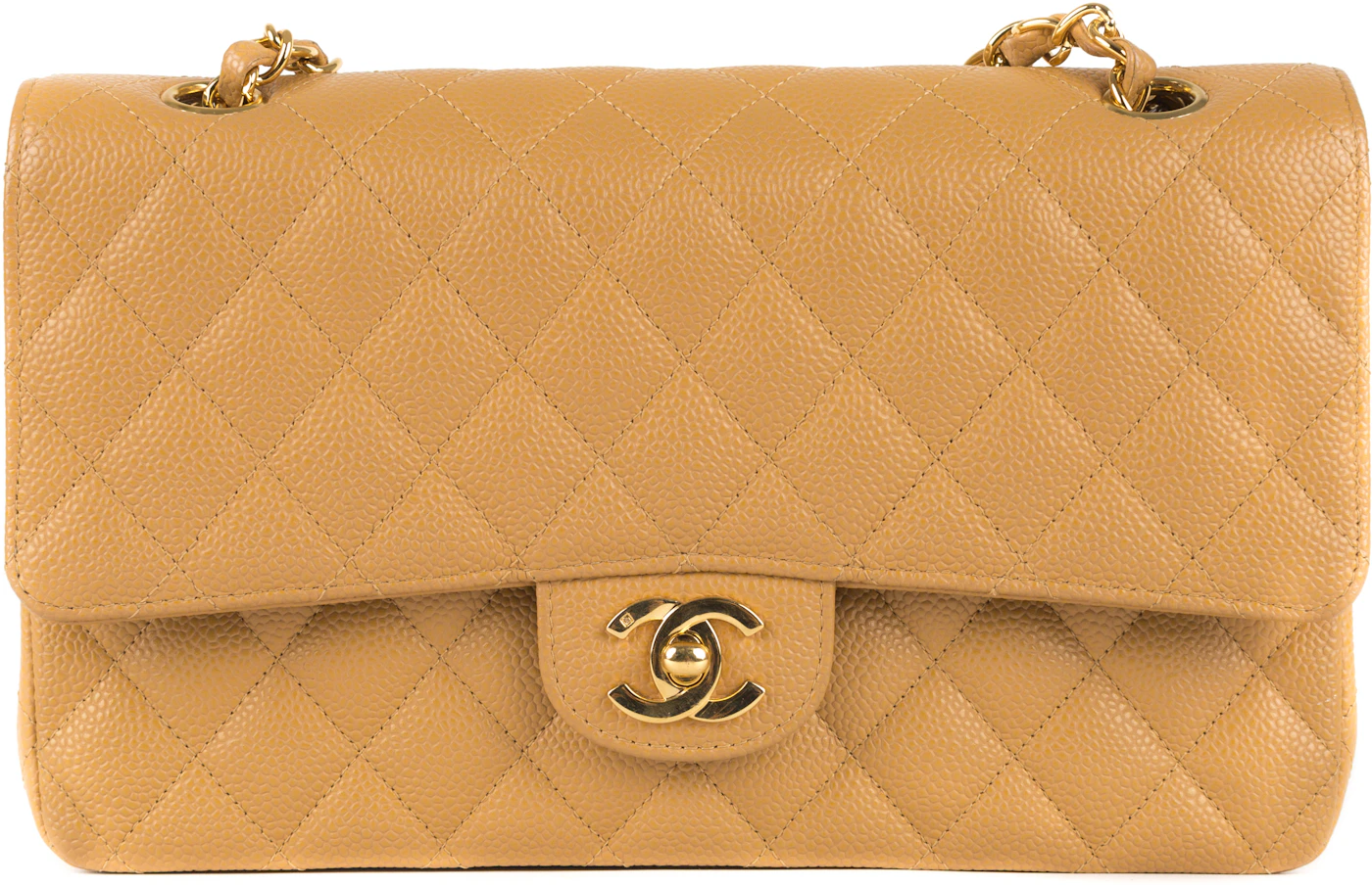 Classic Medium Double Flap Beige Clair Quilted Caviar with gold hardware