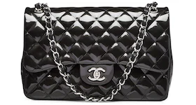 Chanel Classic Double Flap Quilted Patent Leather Silver-tone Jumbo Dark Grey