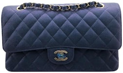 Chanel Classic Double Flap Quilted Iridescent Caviar Gold-tone Medium Blue