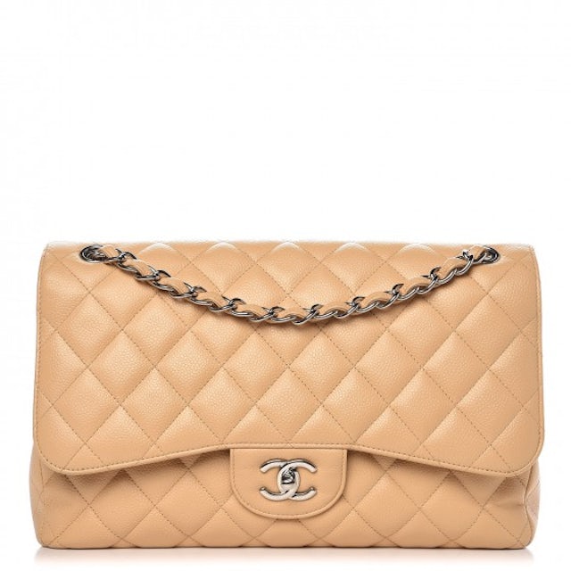 Chanel Classic Double Flap Quilted Caviar Gold-tone Medium Beige Clair