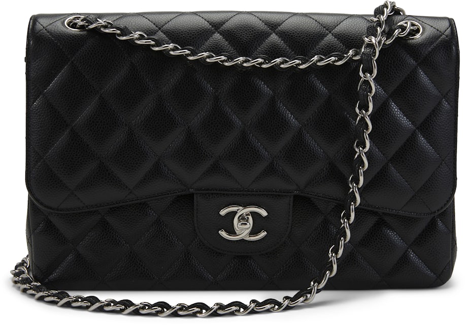 Chanel White Quilted Caviar Medium Classic Double Flap with Silver Chain
