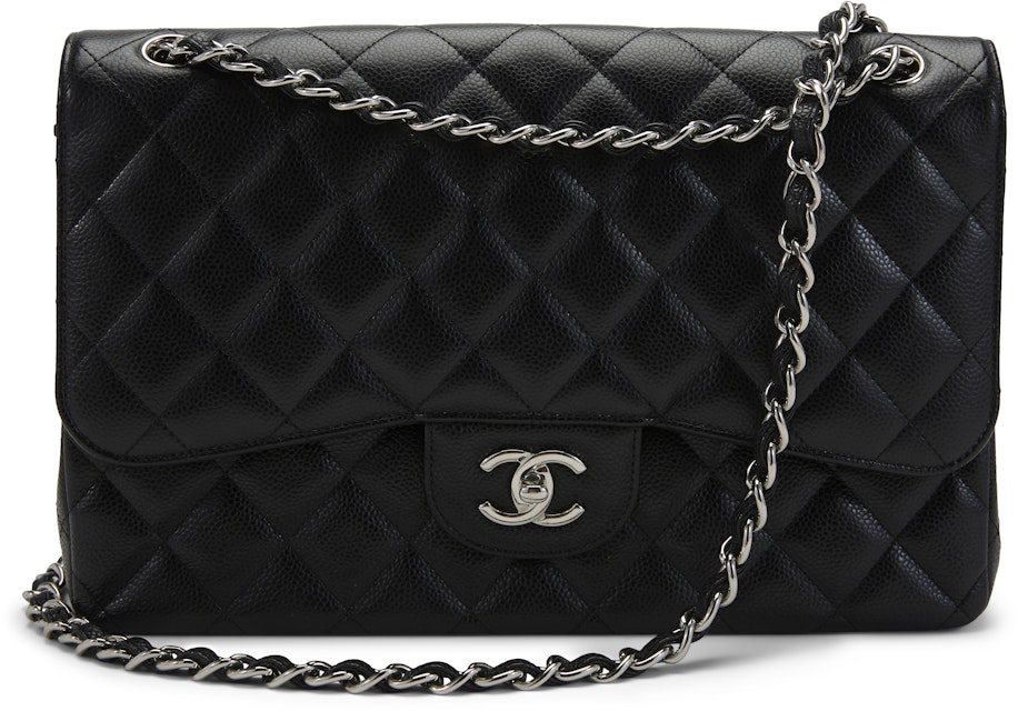 tælle dæmning gæld Chanel Classic Double Flap Quilted Caviar Silver-tone Jumbo Black - US