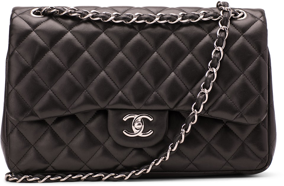 Chanel Classic Double Flap Quilted Lambskin Silver-tone Jumbo Black - US
