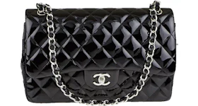 Chanel Classic Double Flap Quilted Patent Leather Silver-tone Jumbo Black